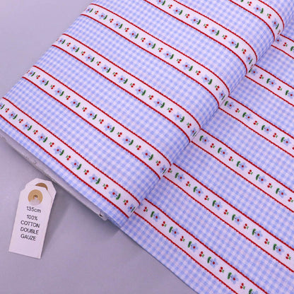 100% Cotton Blue Double Gauze Fabric -Small Blue Gingham with bands of tiny blue flowers