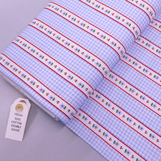 100% Cotton Blue Double Gauze Fabric -Small Blue Gingham with bands of tiny blue flowers