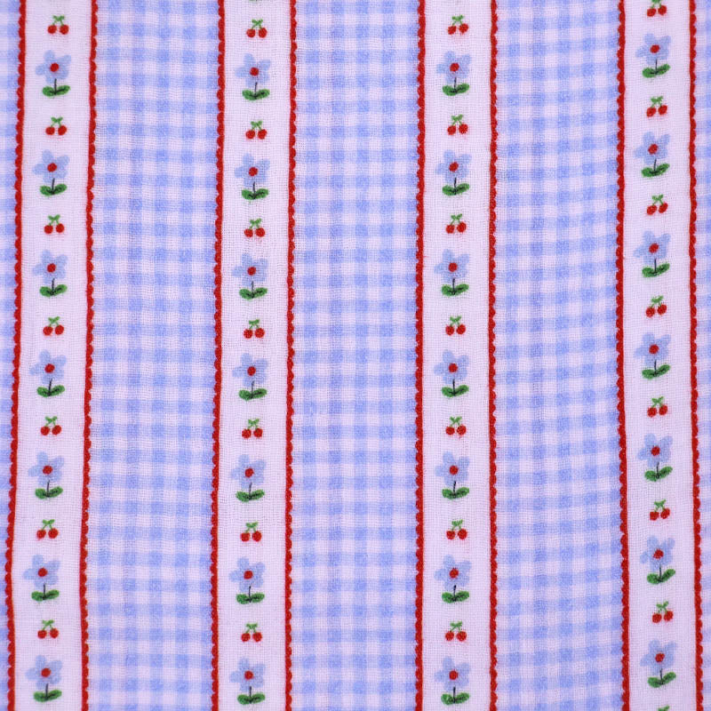 100% Cotton Blue Double Gauze Fabric -Small Blue Gingham with bands of tiny blue flowers