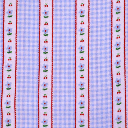 100% Cotton Blue Double Gauze Fabric -Small Blue Gingham with bands of tiny blue flowers
