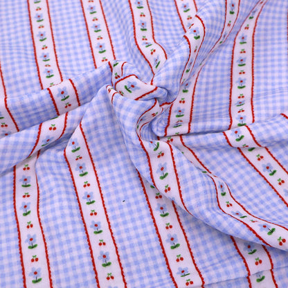 100% Cotton Blue Double Gauze Fabric -Small Blue Gingham with bands of tiny blue flowers