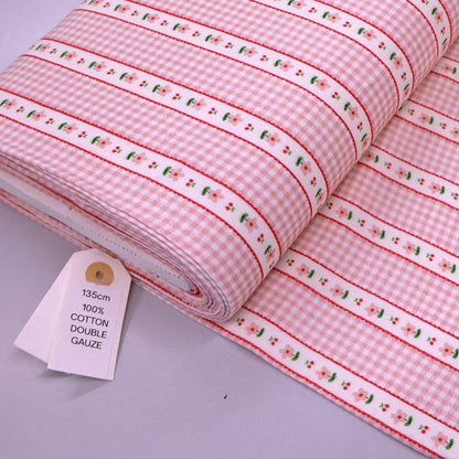100% Cotton Pink Double Gauze Fabric -Small Gingham with bands of Pink Flowers 