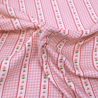 100% Cotton Pink Double Gauze Fabric -Small Gingham with bands of Pink Flowers