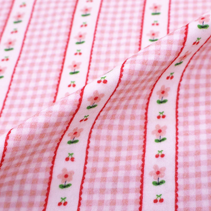 100% Cotton Pink Double Gauze Fabric -Small Gingham with bands of Pink Flowers