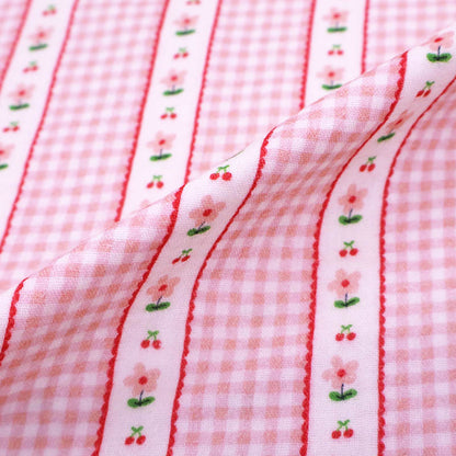 100% Cotton Pink Double Gauze Fabric -Small Gingham with bands of Pink Flowers