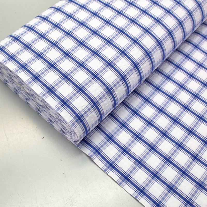 Blue and White Check Seersucker Fabric