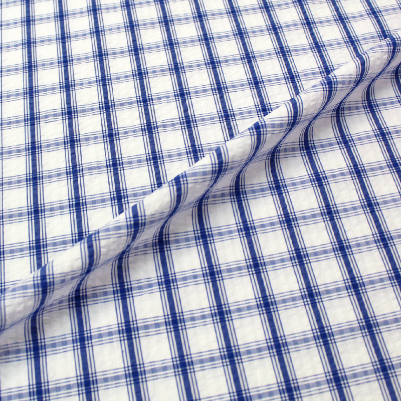 Blue and White Check Seersucker Fabric