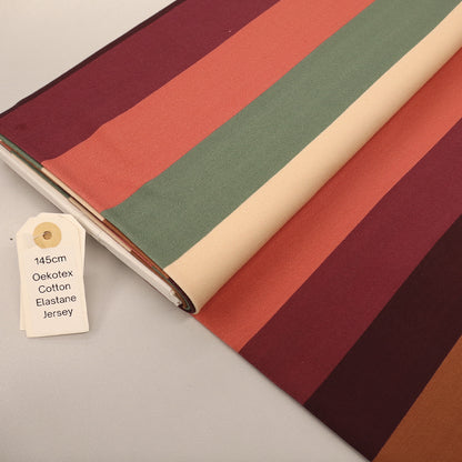 95% Cotton 5% Elastane Striped French Terry Fabric - Khaki, Terracotta and Cream