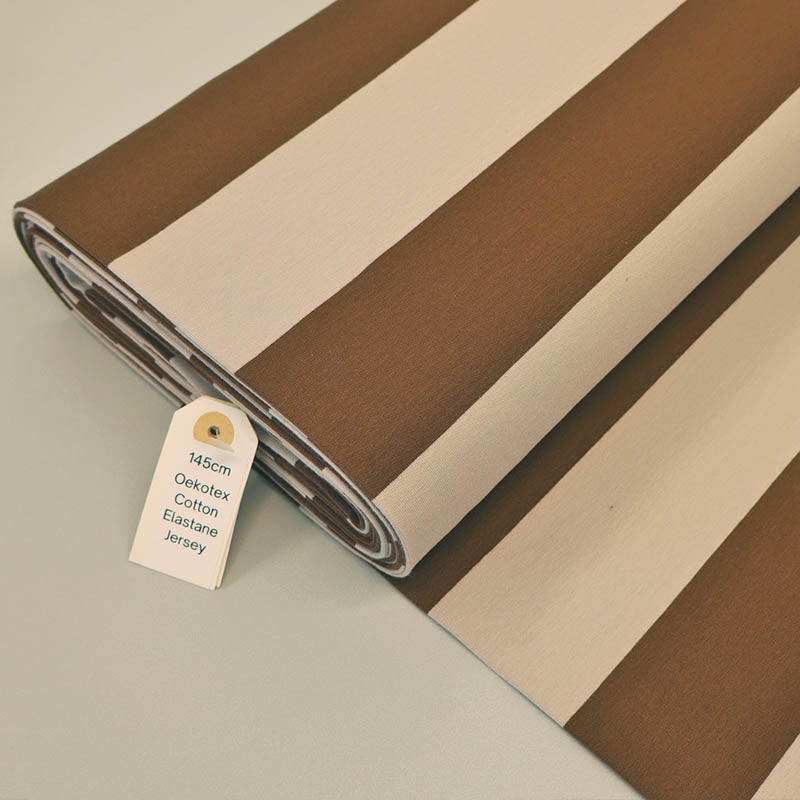 95% Cotton 5% Elastane Brown and Beige Stripe French Terry Fabric