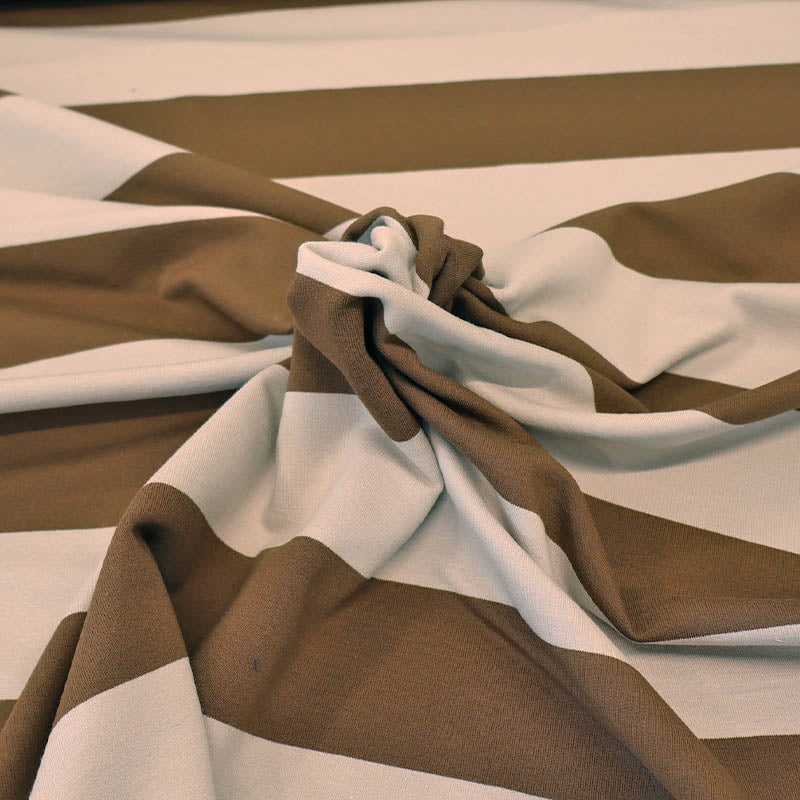 95% Cotton 5% Elastane Brown and Beige Stripe French Terry Fabric