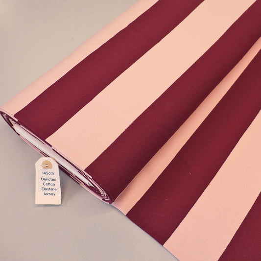 Cotton Elastane Dressmaking French Terry - BIG Stripe - Pale Pink and Burgundy