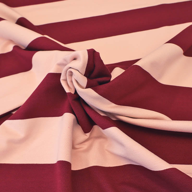 95% Cotton 5% Elastane Pink and Burgundy Stripe French Terry Fabric