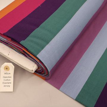 95% Cotton 5% Elastane Striped French Terry Fabric - Pink, Orange, Blue, Green and Purple
