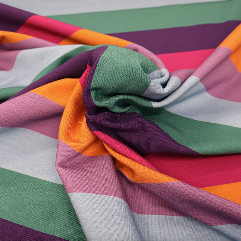 95% Cotton 5% Elastane Striped French Terry Fabric - Pink, Orange, Blue, Green and Purple