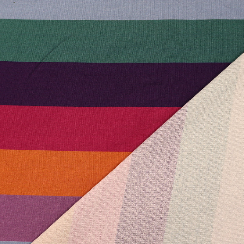 95% Cotton 5% Elastane Striped French Terry Fabric - Pink, Orange, Blue, Green and Purple