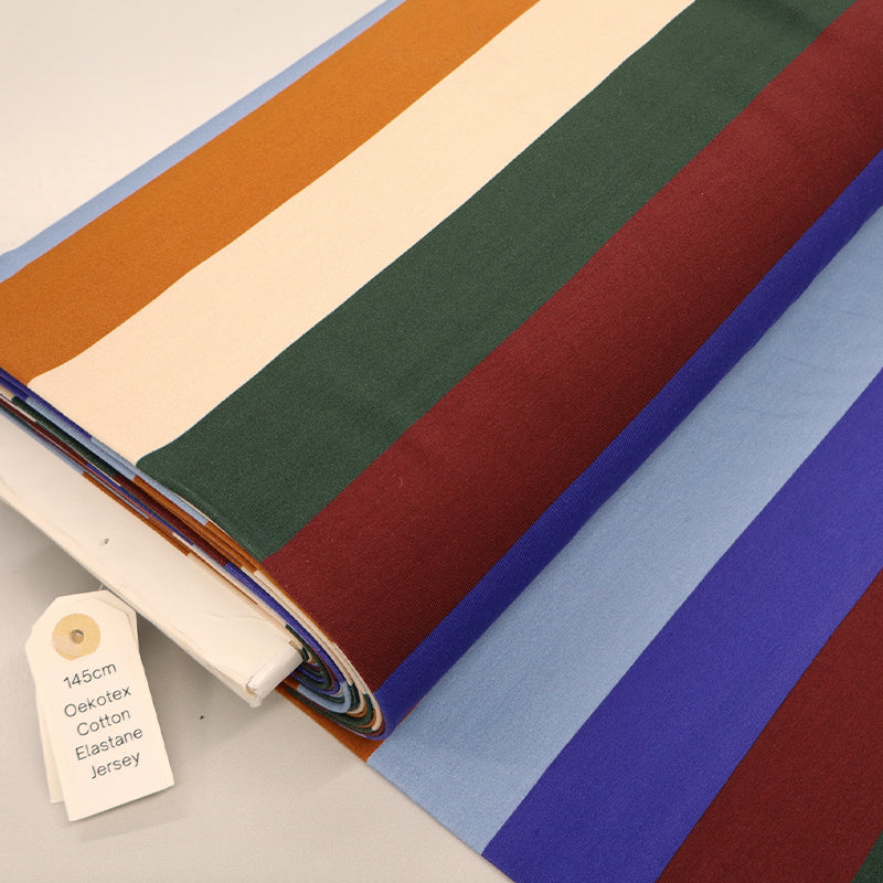 95% Cotton 5% Elastane Striped French Terry Fabric - Blue, Burgundy, Green, Orange and Cream stripes