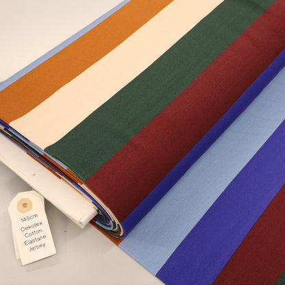 95% Cotton 5% Elastane Striped French Terry Fabric - Blue, Burgundy, Green, Orange and Cream stripes