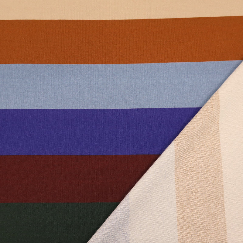 95% Cotton 5% Elastane Striped French Terry Fabric - Blue, Burgundy, Green, Orange and Cream stripes 