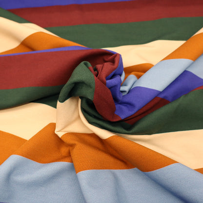 95% Cotton 5% Elastane Striped French Terry Fabric - Blue, Burgundy, Green, Orange and Cream stripes