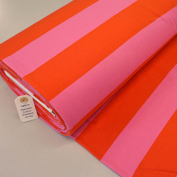 95% Cotton 5% Elastane Tomato Red and Pink Stripe French Terry Fabric