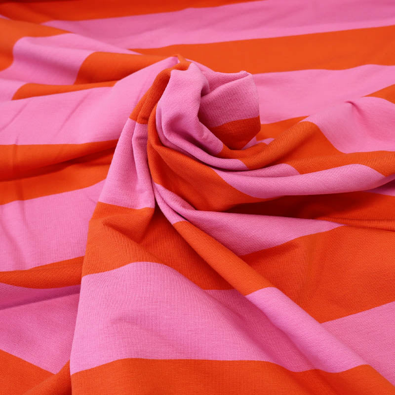 95% Cotton 5% Elastane Tomato Red and Pink Stripe French Terry Fabric