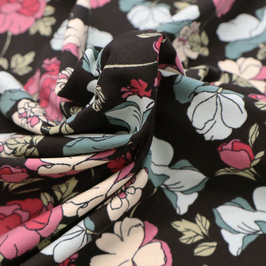 95% cotton 5% elastane Black and Pink Floral Cotton Jersey Fabric