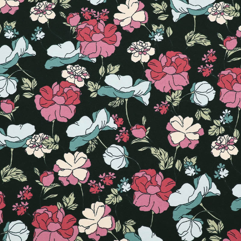 95% cotton 5% elastane Black and Pink Floral Cotton Jersey Fabric
