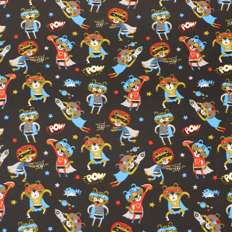 96% Cotton 4% Elastane Children's Jersey Fabric - Big Cat Super Heroes
