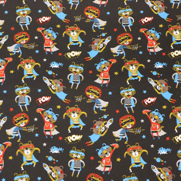 96% Cotton 4% Elastane Children's Jersey Fabric - Big Cat Super Heroes