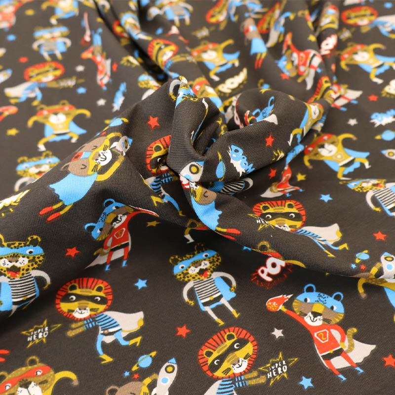96% Cotton 4% Elastane Children's Jersey Fabric - Big Cat Super Heroes