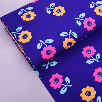 95% Cotton 5% Elastane Floral Jersey Fabric - Blue and Neon Pink