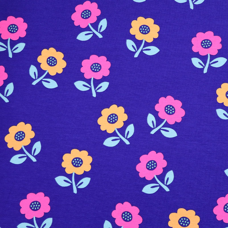 95% Cotton 5% Elastane Floral Jersey Fabric - Blue and Neon Pink
