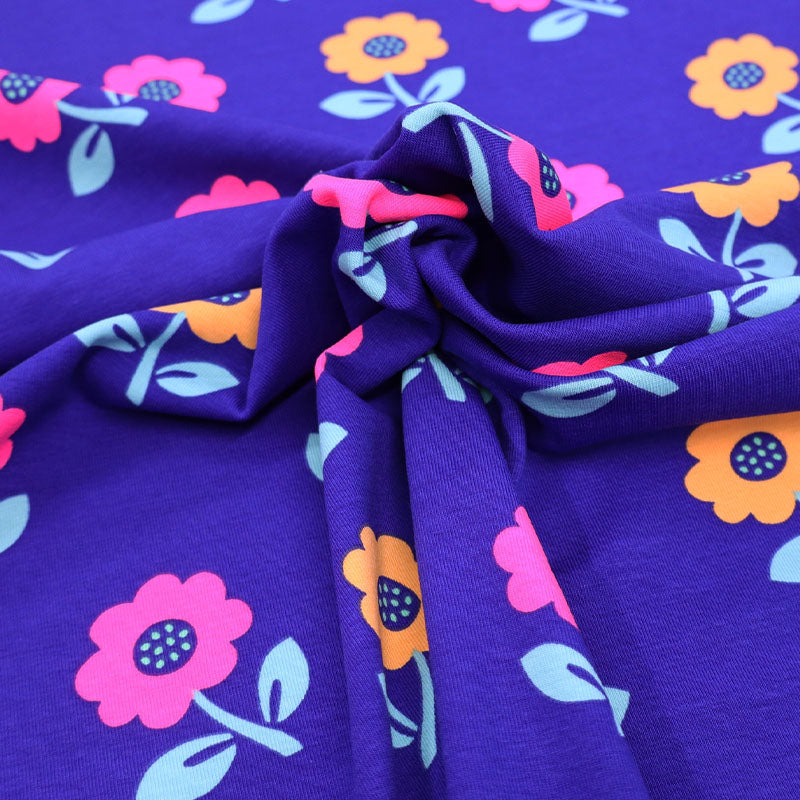 95% Cotton 5% Elastane Floral Jersey Fabric - Blue and Neon Pink