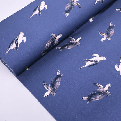 95% Cotton 5% Elastane Blue Jersey Fabric - Turtle Print
