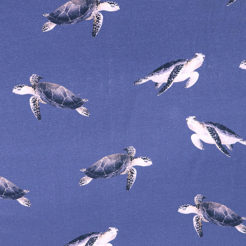 95% Cotton 5% Elastane Blue Jersey Fabric - Turtle Print