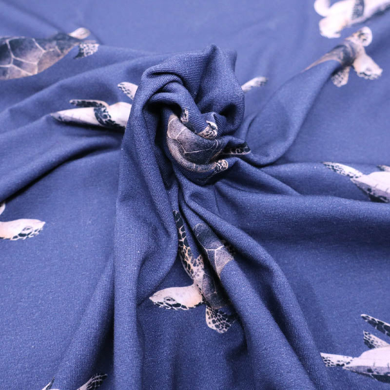 95% Cotton 5% Elastane Blue Jersey Fabric - Turtle Print