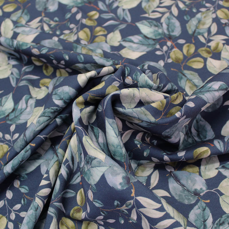 leaf print dark blue cotton jersey fabric