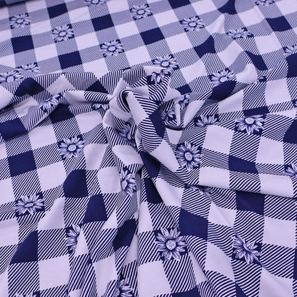 95% cotton 5% elastane Gingham Jersey Fabric - Navy Daisy