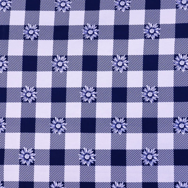 95% cotton 5% elastane Gingham Jersey Fabric - Navy Daisy