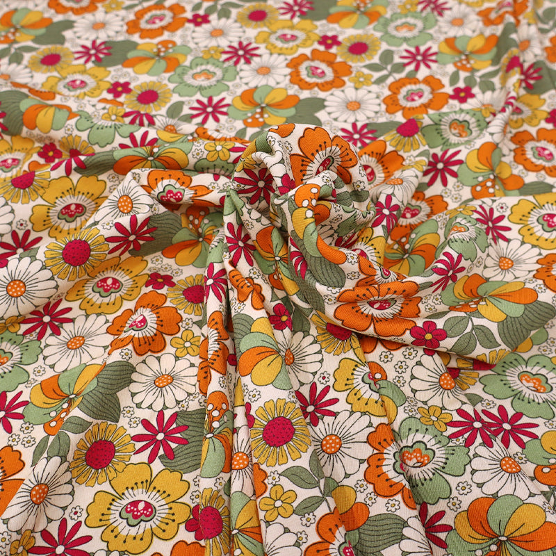 95% Cotton 5% Elastane Orange and Green Floral Jersey Fabric by The Crafty Pie