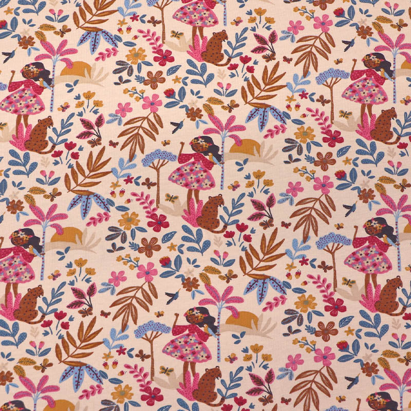 96% Cotton 4% Elastane Children's Jersey Fabric - Flower Girl with leopard in pink and blue on cream background