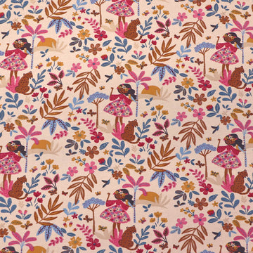 96% Cotton 4% Elastane Children's Jersey Fabric - Flower Girl with leopard in pink and blue on cream background