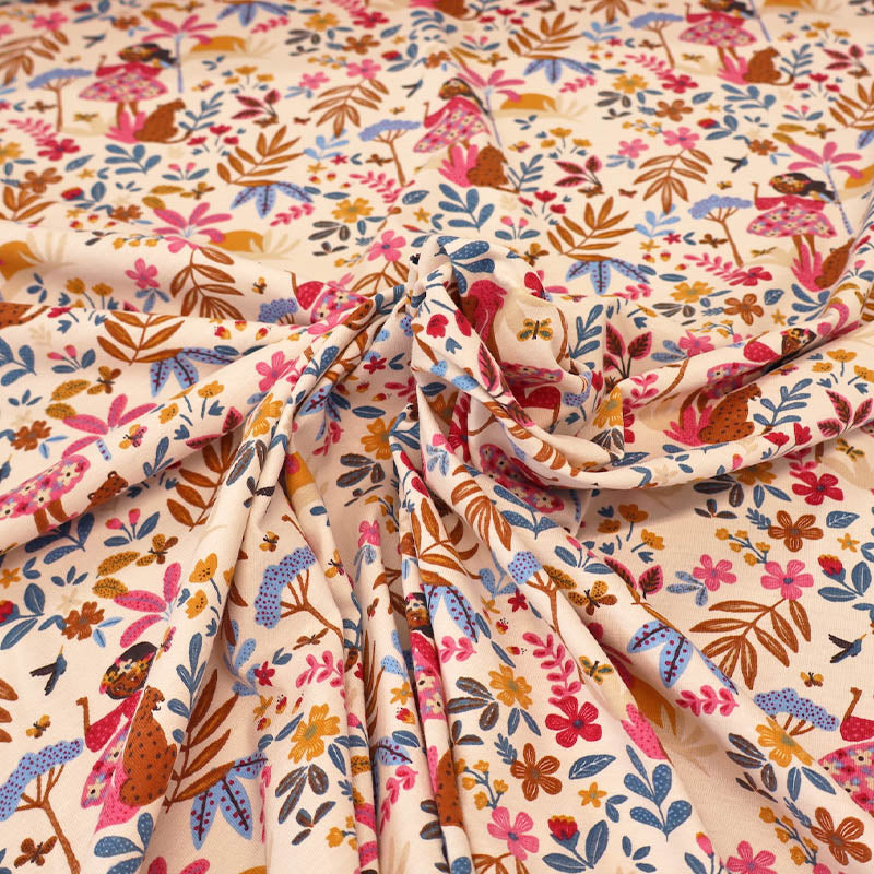 96% Cotton 4% Elastane Children's Jersey Fabric - Flower Girl with leopard in pink and blue on cream background