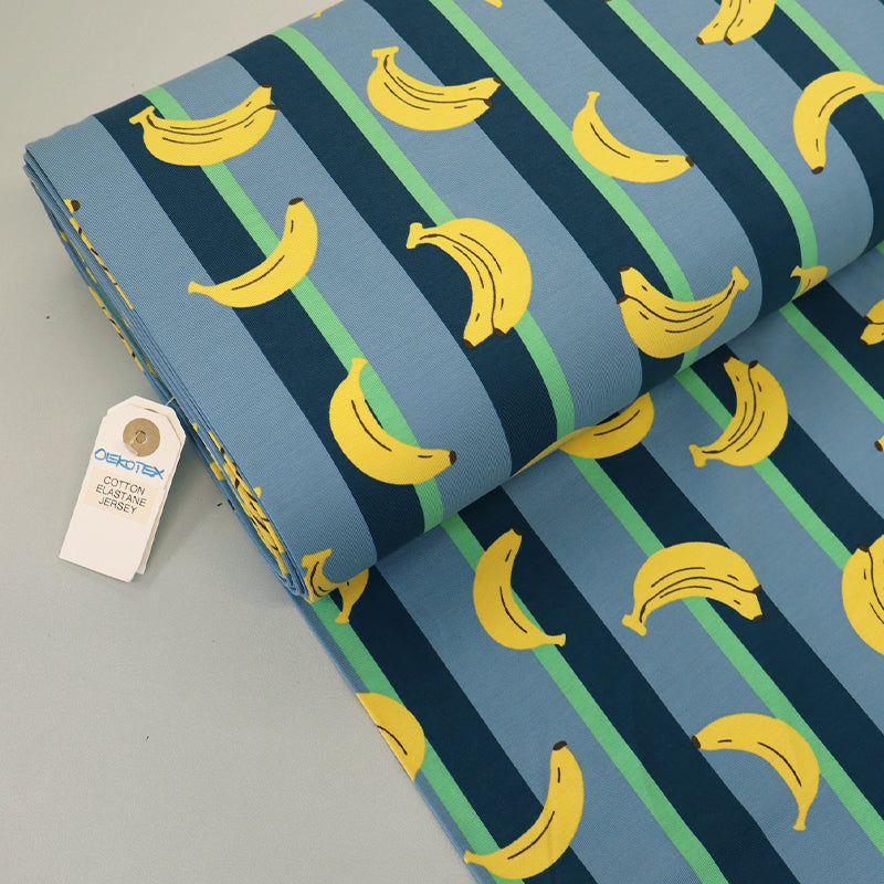 95% Cotton 5% Elastane Blue Jersey Fabric - Banana Stripe
