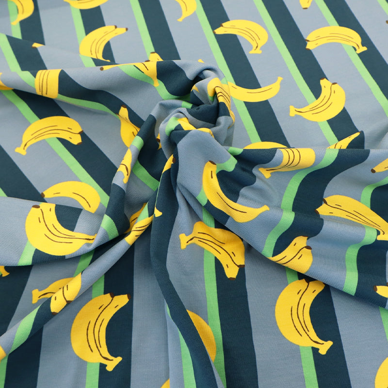 95% Cotton 5% Elastane Blue Jersey Fabric - Banana Stripe