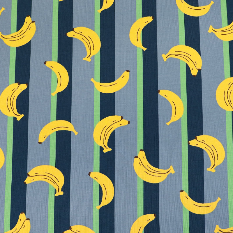 95% Cotton 5% Elastane Blue Jersey Fabric - Banana Stripe