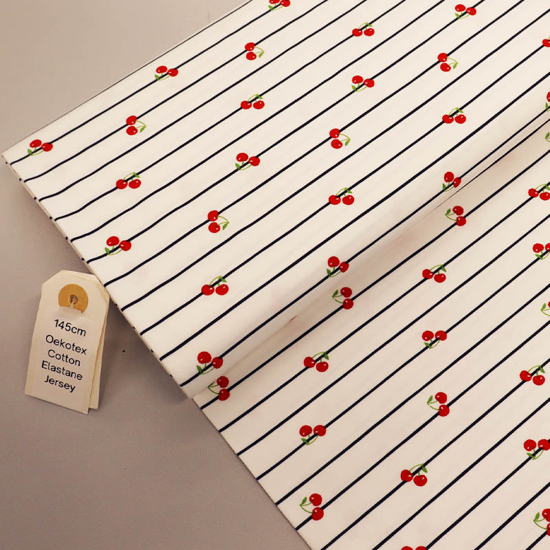 95% Cotton 5% Elastane White Jersey Fabric - Cherry Print and Navy Stripe