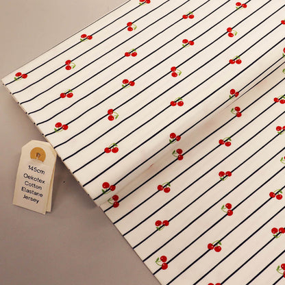 95% Cotton 5% Elastane White Jersey Fabric - Cherry Print and Navy Stripe