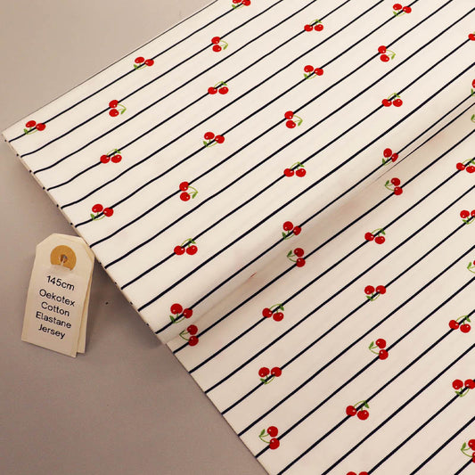 95% Cotton 5% Elastane White Jersey Fabric - Cherry Print and Navy Stripe