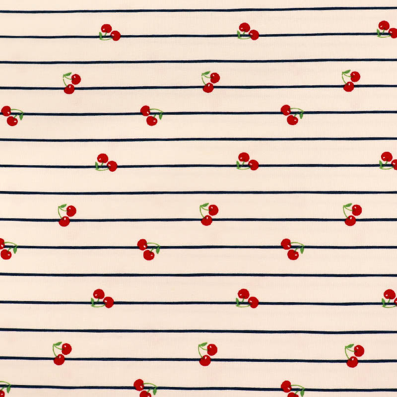 95% Cotton 5% Elastane White Jersey Fabric - Cherry Print and Navy Stripe